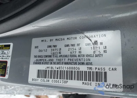 2012 Mazda Mazda3 I Grand Touring из США, поврежденный, VIN JM1BL1W85C1688806